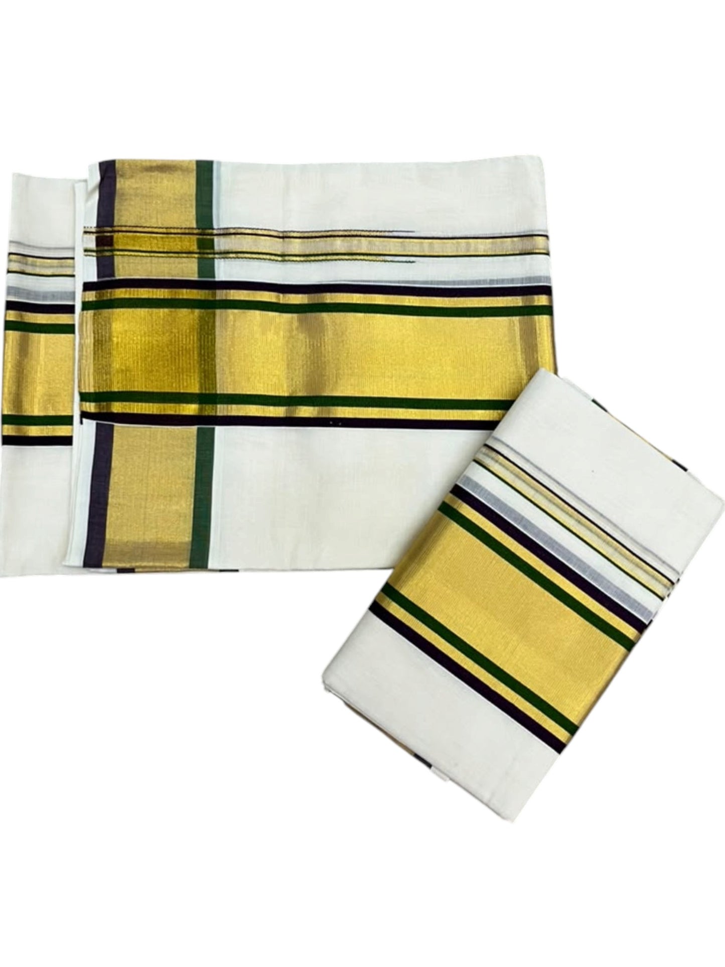 Southloom Premium Handloom Set Mundu with Purple & Olive Green Border and Kasavu Lines Across Body 2.80 Mtrs SL632