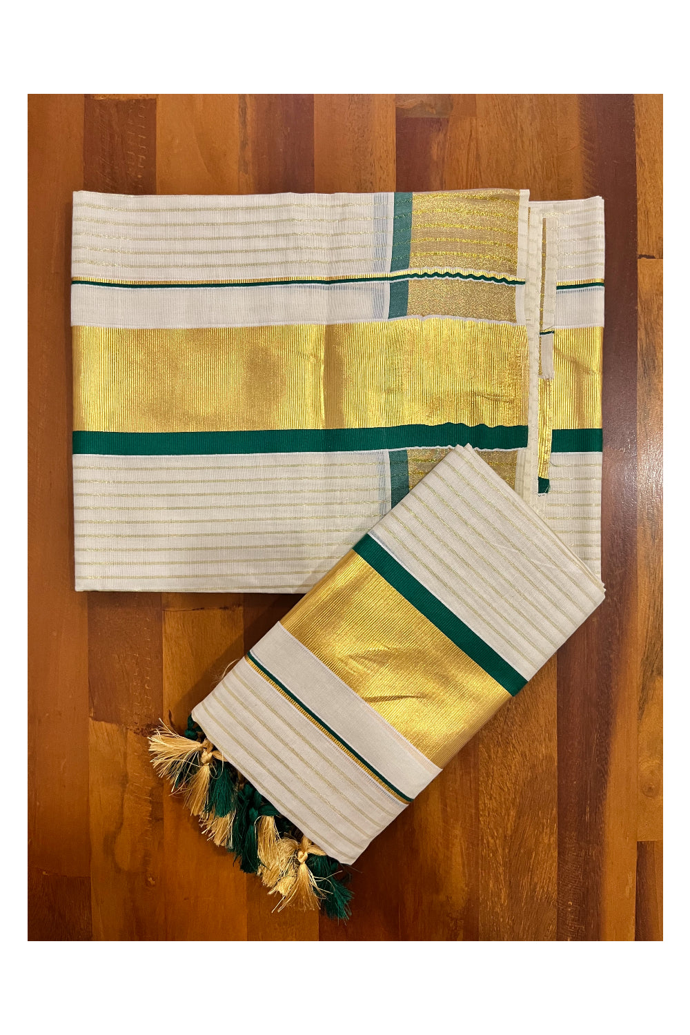 Pure Cotton Kerala Set Mundu with Kasavu Lines on Body Green Border and Tassels Designs 2.80 Mtrs