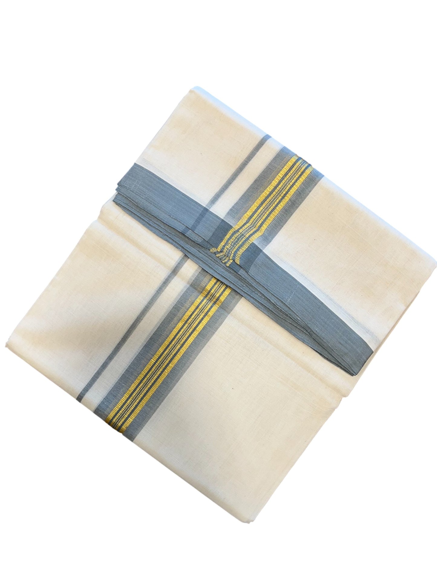 Southloom Premium Handloom Cotton Double Mundu with Gold and Grey Border
