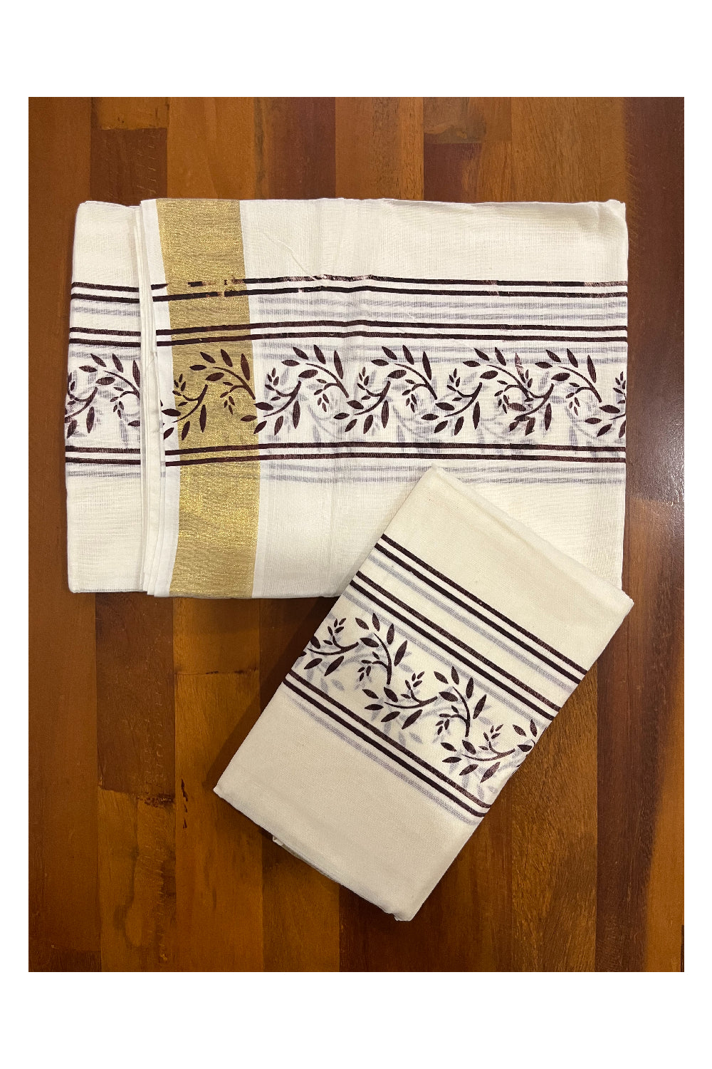 Cotton Kerala Single Set Mundu with Brown Floral Block Prints