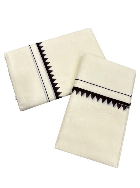 Southloom Kerala Cotton Set Mundu (Mundum Neriyathum) with Brown Block Prints on Body