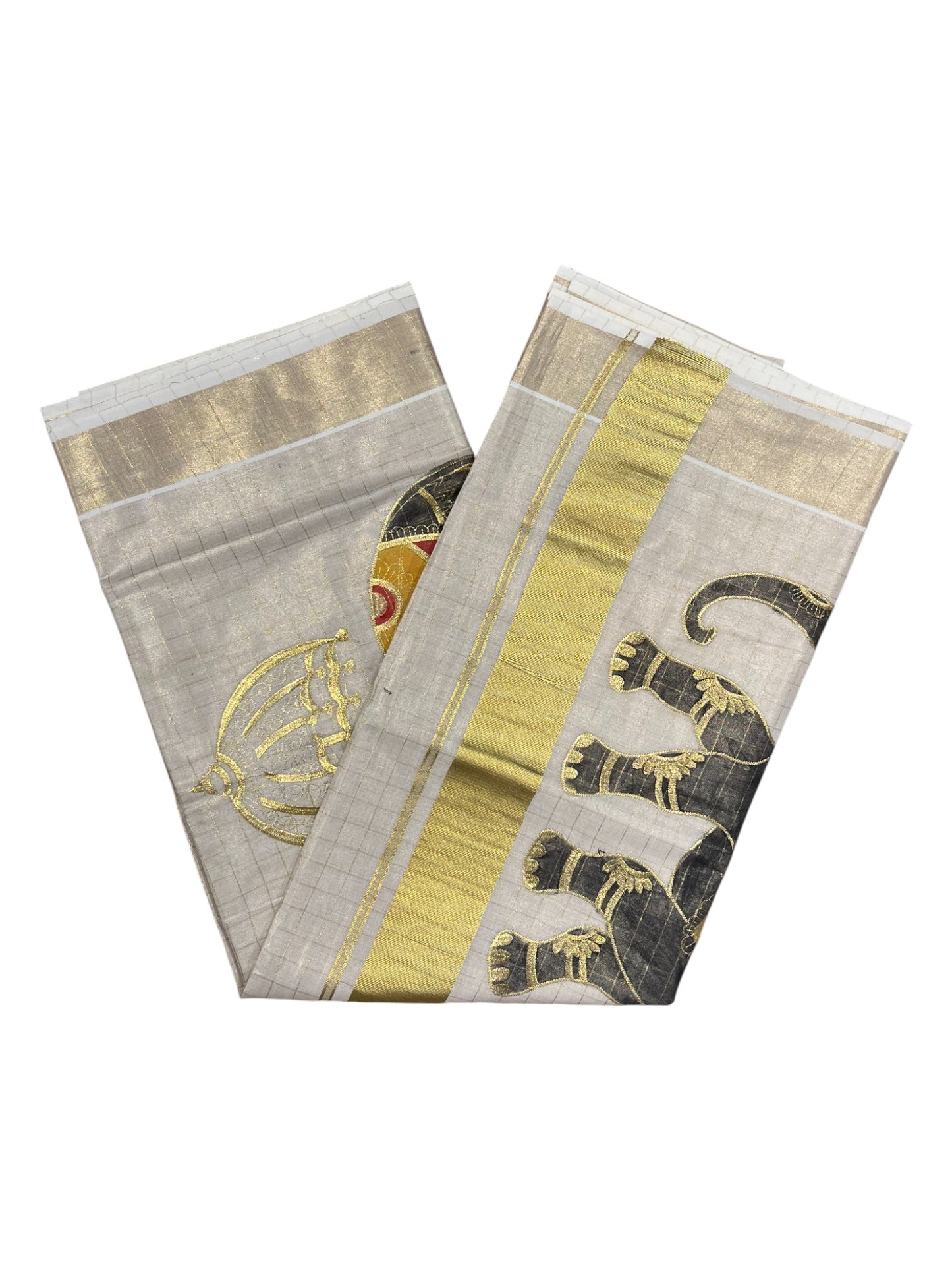 Southloom Kerala Tissue Kasavu Cheack Saree with Embroidery Wor in Elephant Print