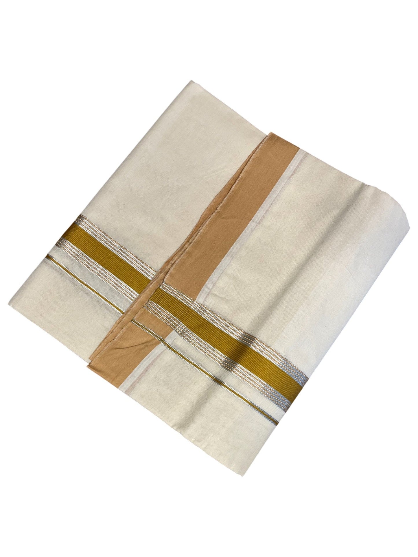 Southloom Kerala Pure Cotton Double Mundu with Silver Lines & Yellow Border (South Indian Dhoti)
