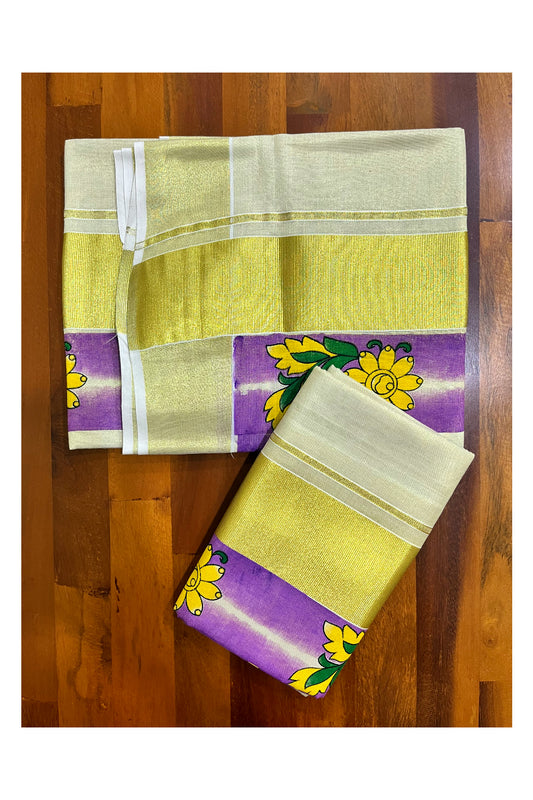 Kerala Tissue Single Set Mundu (Mundum Neriyathum) with Yellow Floral Block Prints in Violet Border 2.80 Mtrs (Vishu 2024 Collection)