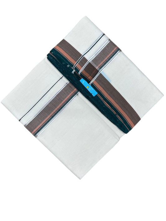 Southloom Balaramapuram Unakkupaavu Premium Handloom Cotton Double Mundu with Silver Kasavu and Green and Peach Border