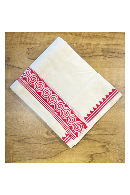Pure Cotton Off White Double Mundu with Block Prints on Pink Kara (South Indian Dhoti)