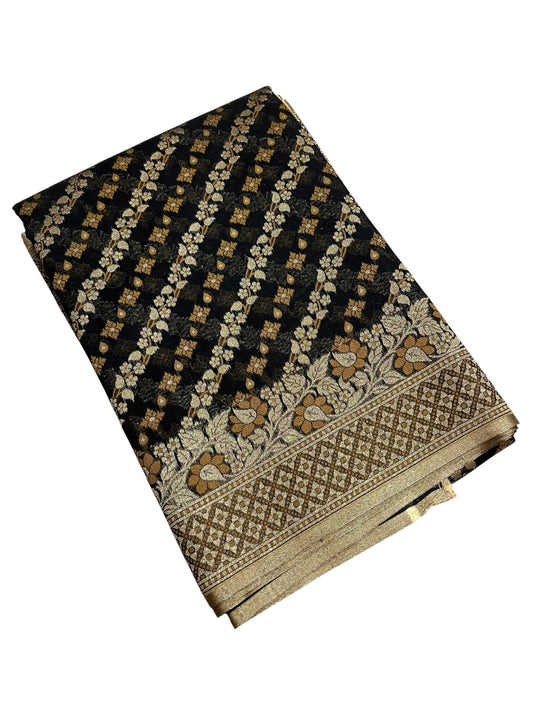 Southloom Cotton Banarasi Silk Saree with Woven Work on Body and Borders (Black & Yellow)