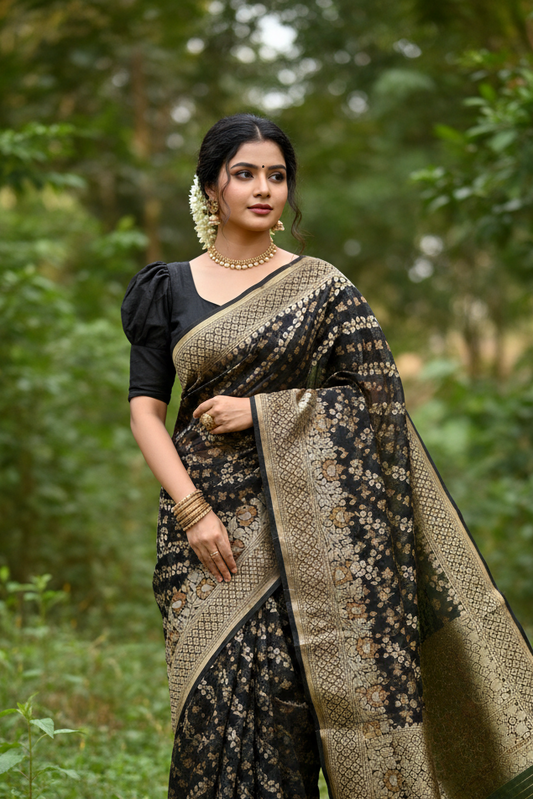 Southloom Cotton Banarasi Silk Saree with Woven Work on Body and Borders (Black & Yellow)