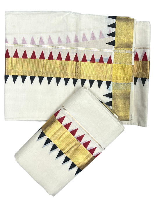 Southloom Kerala Cotton Kasavu Single Set Mundu (Mundum Neriyathum) with Black And Red Temple Design Border SLKK