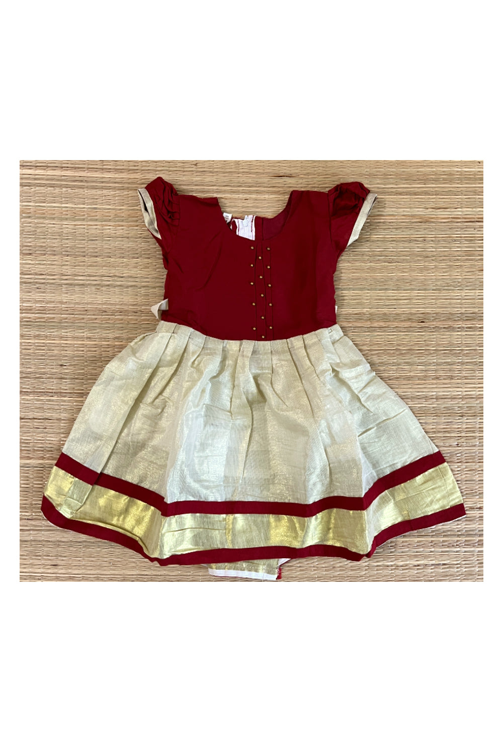 Southloom Kerala Tissue Frock with Red Bead Work Designs for Kids (1 Year)