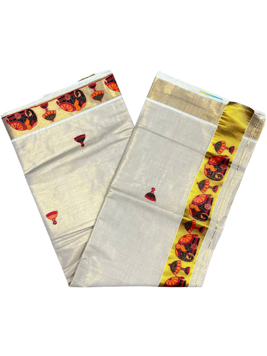 Southloom Tissue Kerala Kasavu Saree with Elephant Embroidery Design