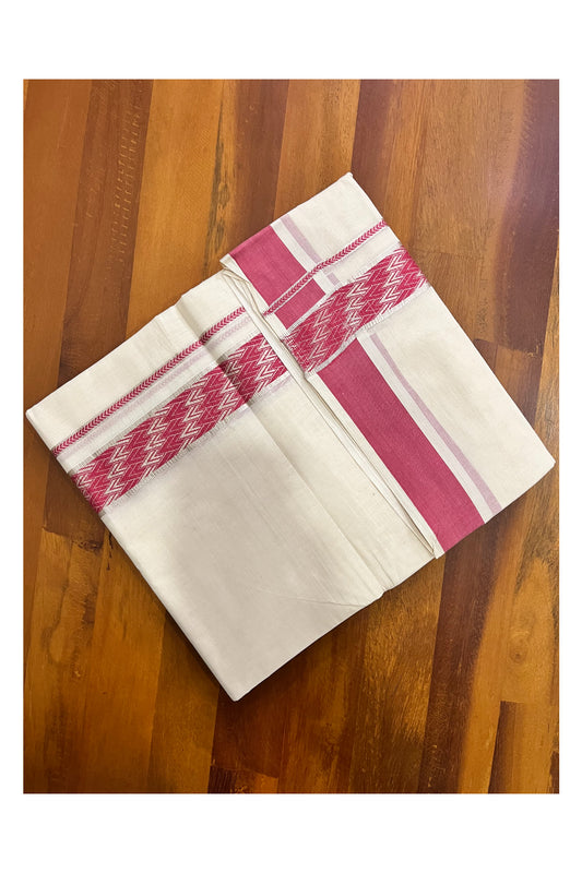 Kerala Pure Cotton Double Mundu with Silver Kasavu and Pink Woven Border
