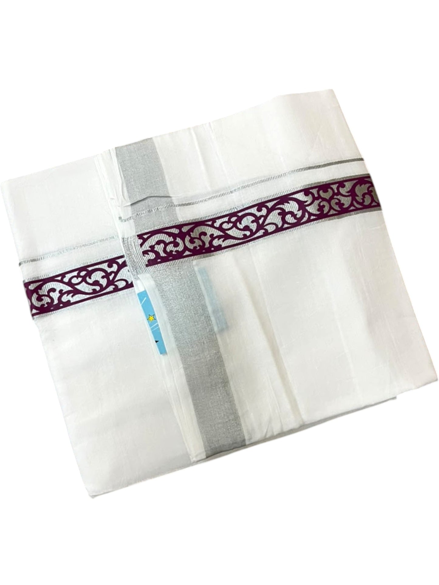 Southloom Pure White Cotton Mundu with Purple and Silver Kasavu Border (South Indian Kerala Dhoti)