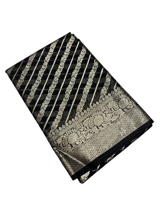 Southloom Cotton Banarasi Silk Saree with Woven Work on Body and Borders (Black)