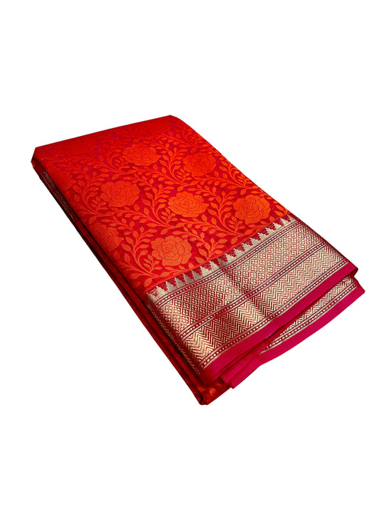 Southloom Cotton Banarasi Silk Saree with Woven Work on Body and Borders (Orange and Magenta)