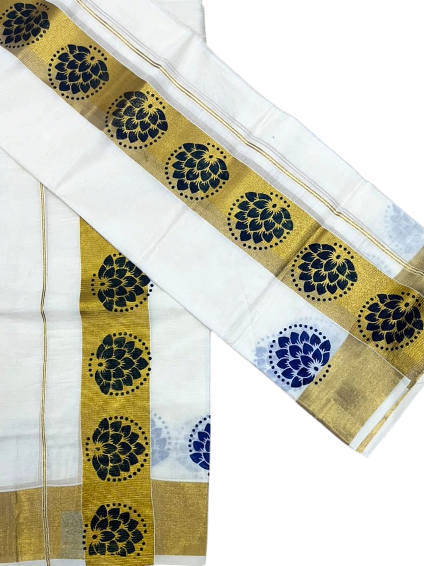 Southloom Pure Cotton Set Mundu with Gold Kasavu and Blue Floral Digital Print in 2.80 Mtrs SL383