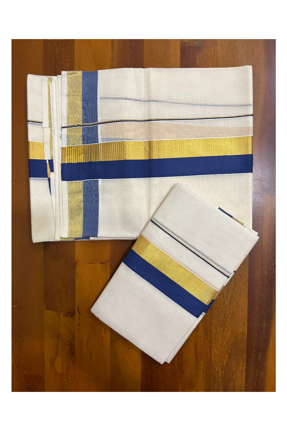 Kerala Cotton Set Mundu (Mundum Neriyathum) with Blue and Kasavu Border 2.80 Mtrs