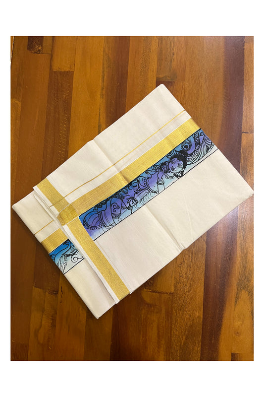 Kerala Pure Cotton Double Mundu with Mural Hand Painted Design on Kasavu Border (South Indian Kerala Dhoti)