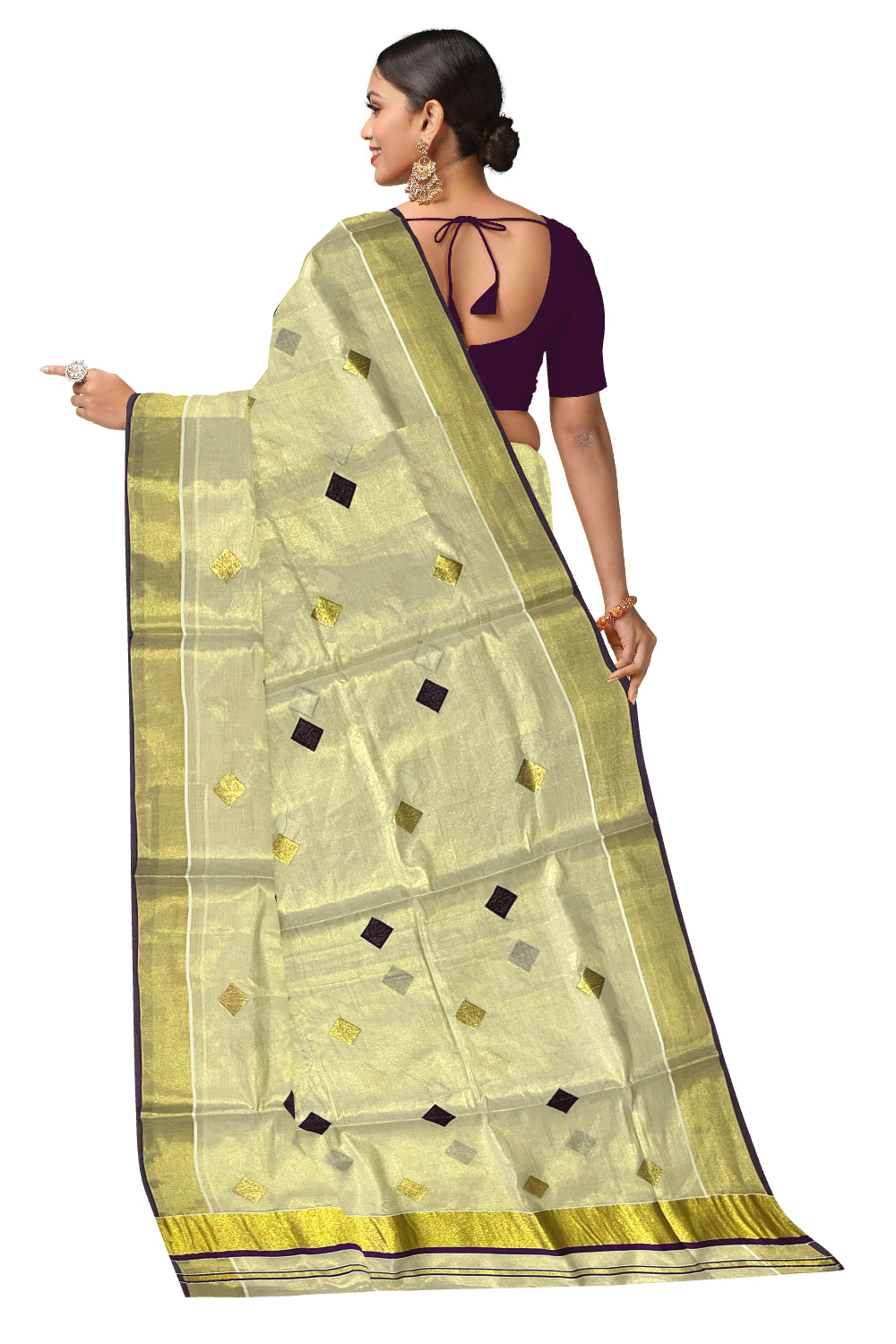 Kerala Tissue Kasavu Saree with Purple Woven Butta Designs and Tassels Works