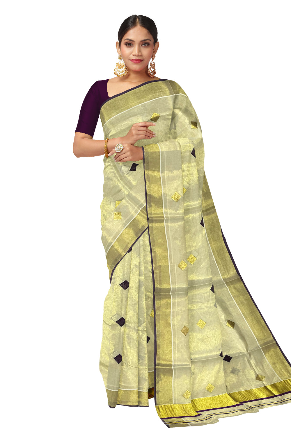 Kerala Tissue Kasavu Saree with Purple Woven Butta Designs and Tassels Works