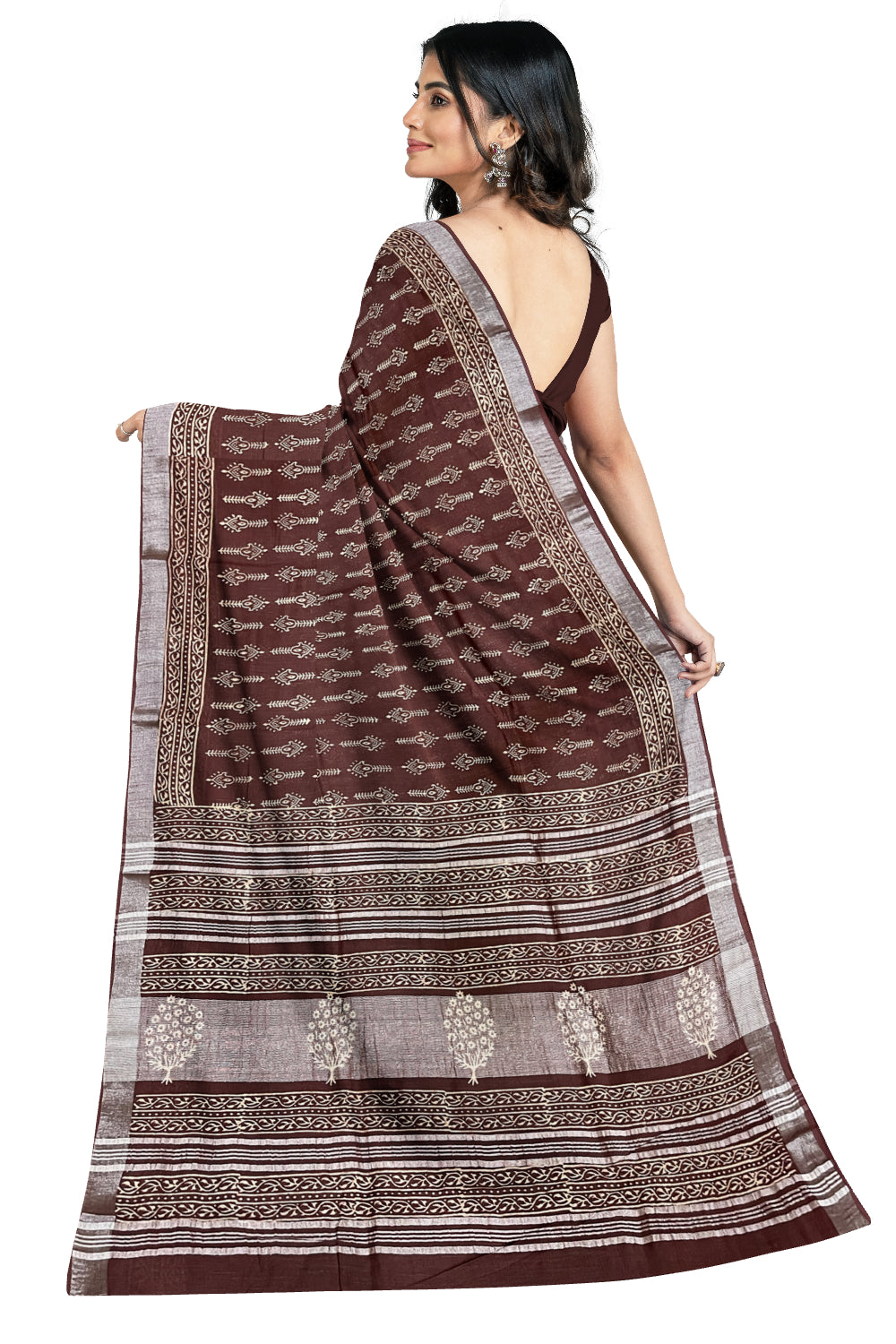 Southloom Linen Brown Designer Saree with Floral Prints