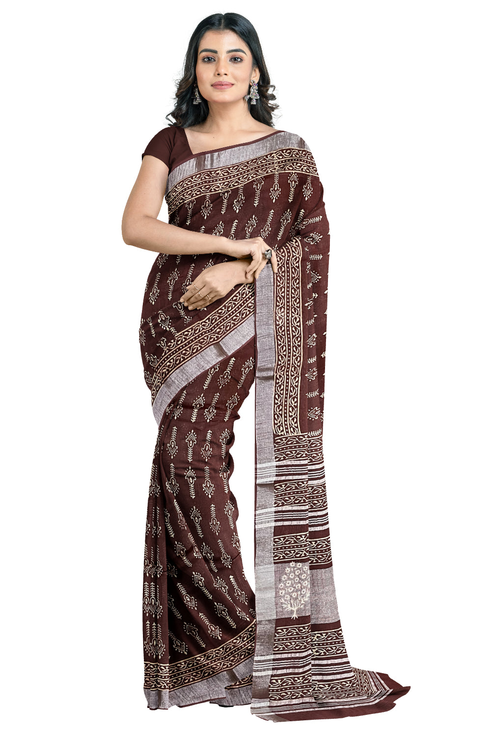 Southloom Linen Brown Designer Saree with Floral Prints