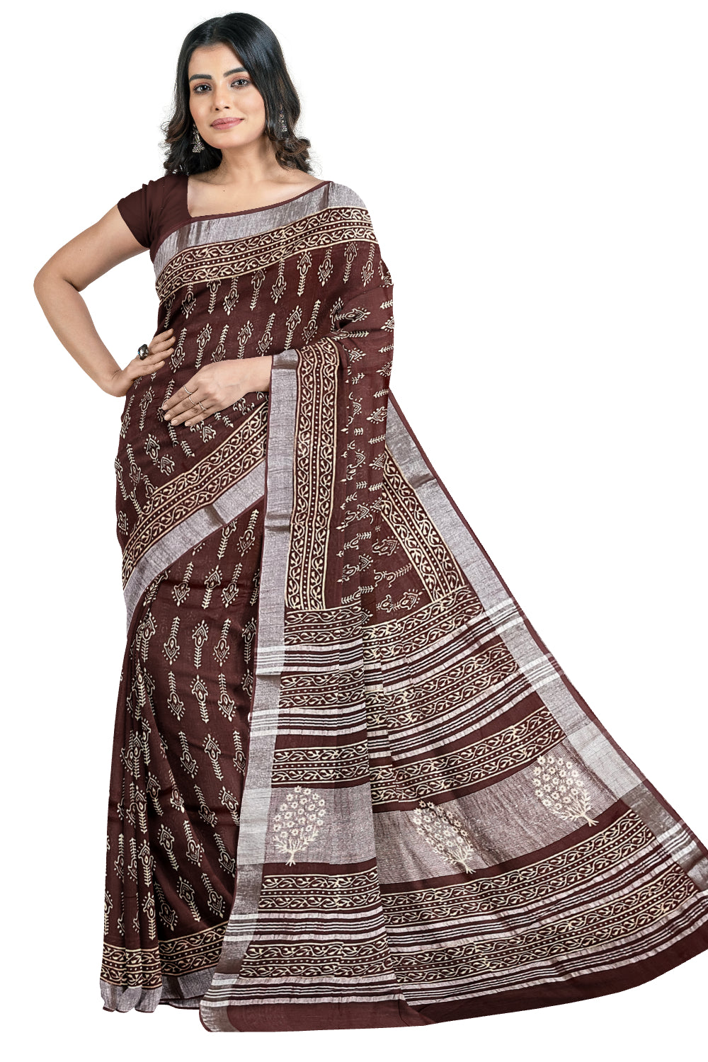 Southloom Linen Brown Designer Saree with Floral Prints