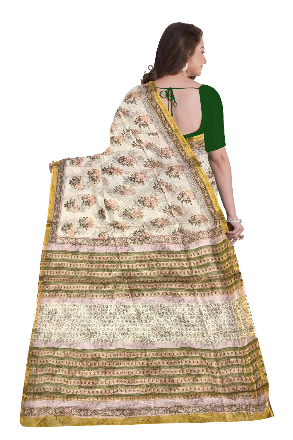 Southloom Kota Fabric Floral Printed Beige Saree