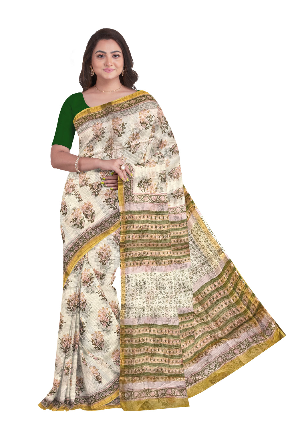 Southloom Kota Fabric Floral Printed Beige Saree