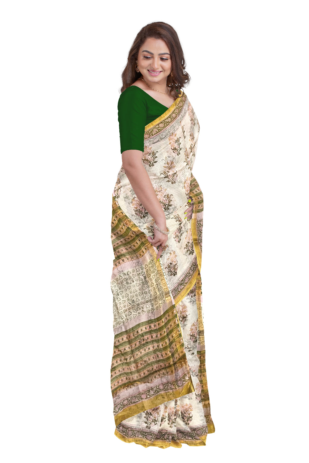 Southloom Kota Fabric Floral Printed Beige Saree