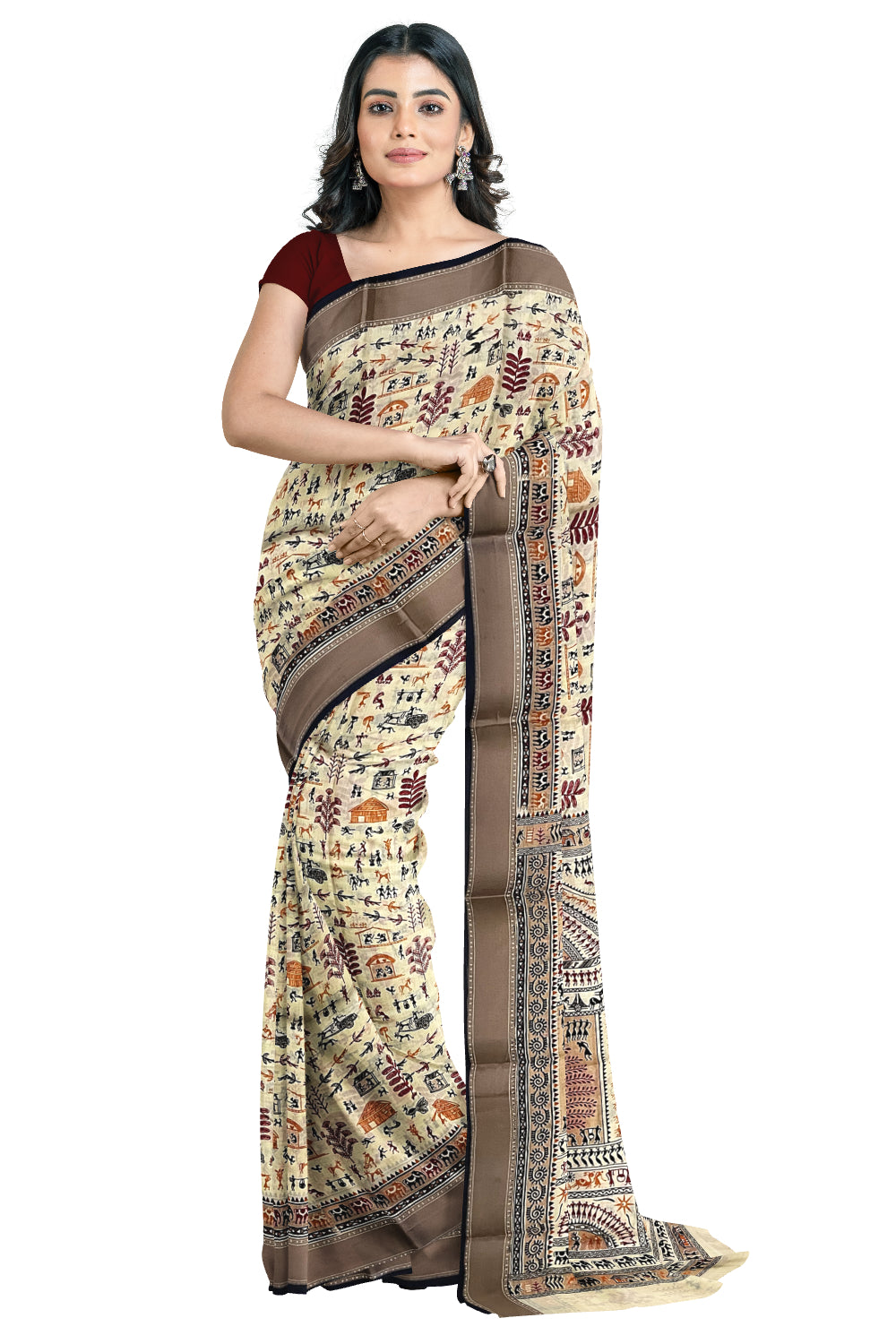 Southloom Cotton Light Brown Saree with Warli Art Printed Designs