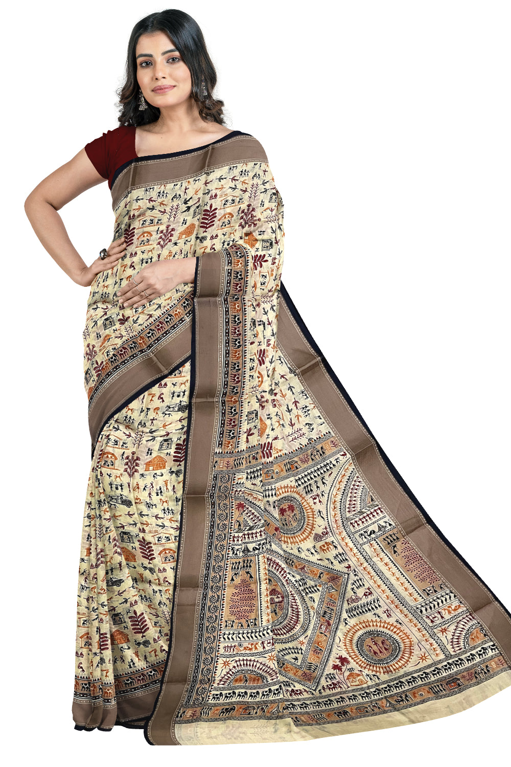 Southloom Cotton Light Brown Saree with Warli Art Printed Designs