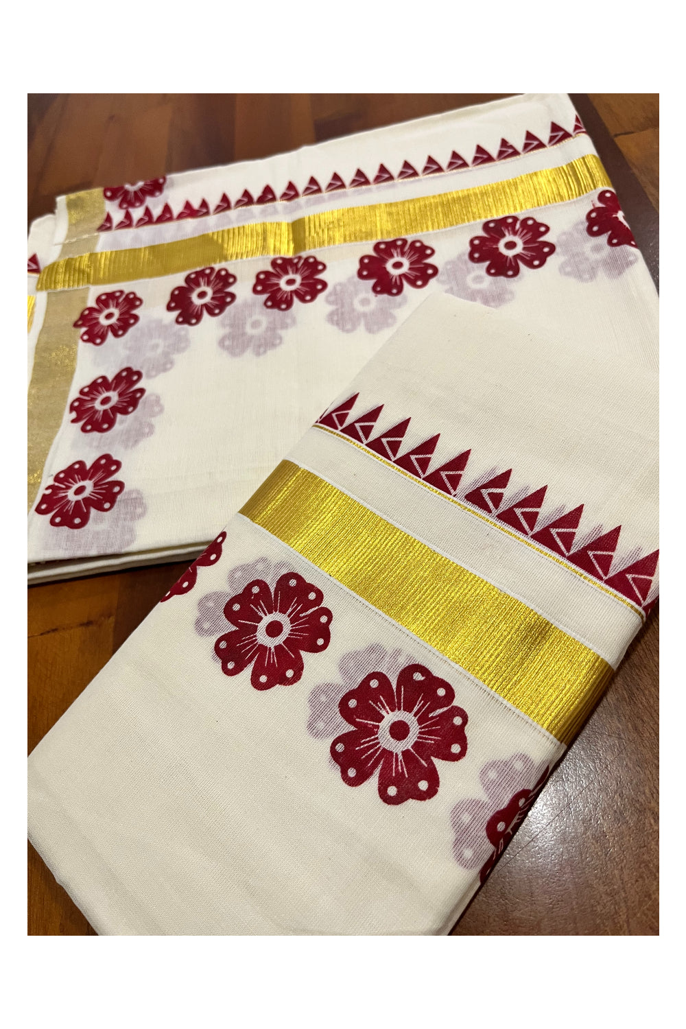 Kerala Pure Cotton Kasavu Set Mundu Single (Mundum Neriyathum) with Maroon Block Prints and Temple Border 2.80 Mtrs