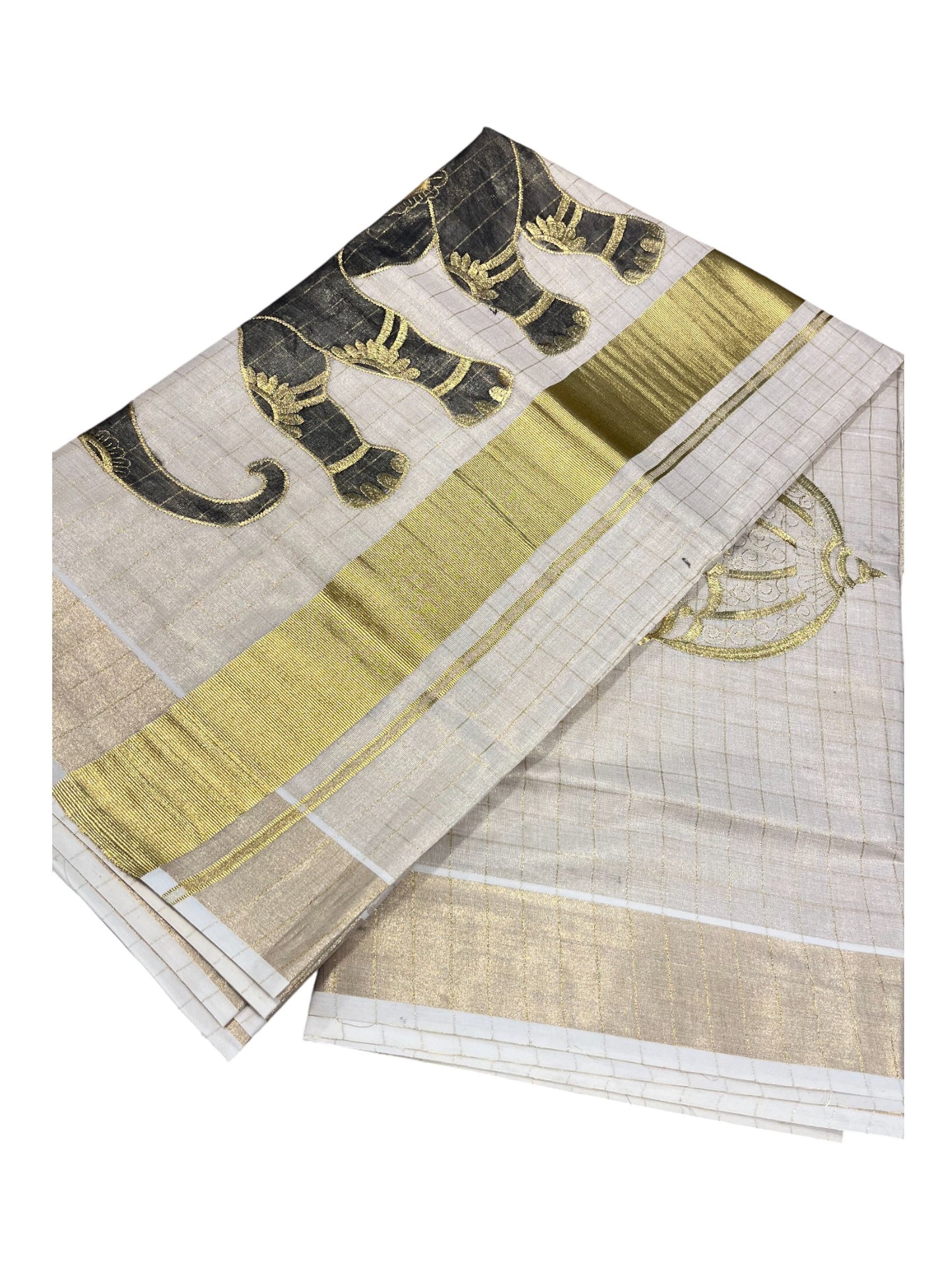 Southloom Kerala Tissue Kasavu Cheack Saree with Embroidery Wor in Elephant Print