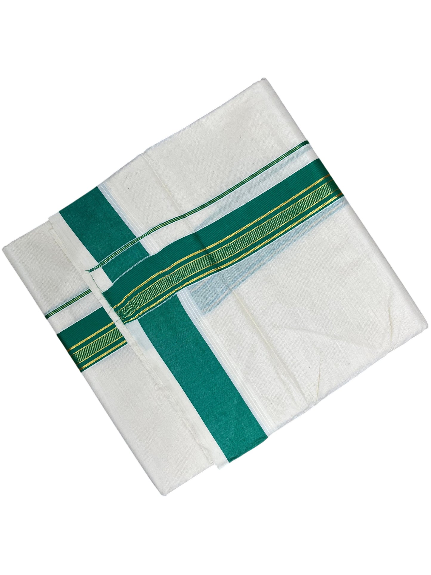 Southloom Pure Cotton Mundu with Green Border (South Indian Kerala Dhoti)