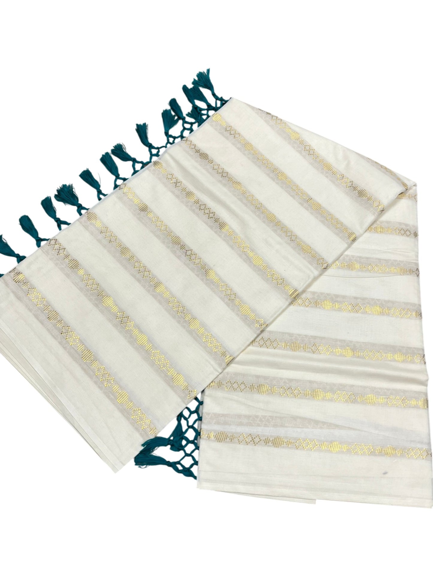 Southloom Cotton Kerala Kasavu Saree with Stripes on Body and Peacock Green Tussels