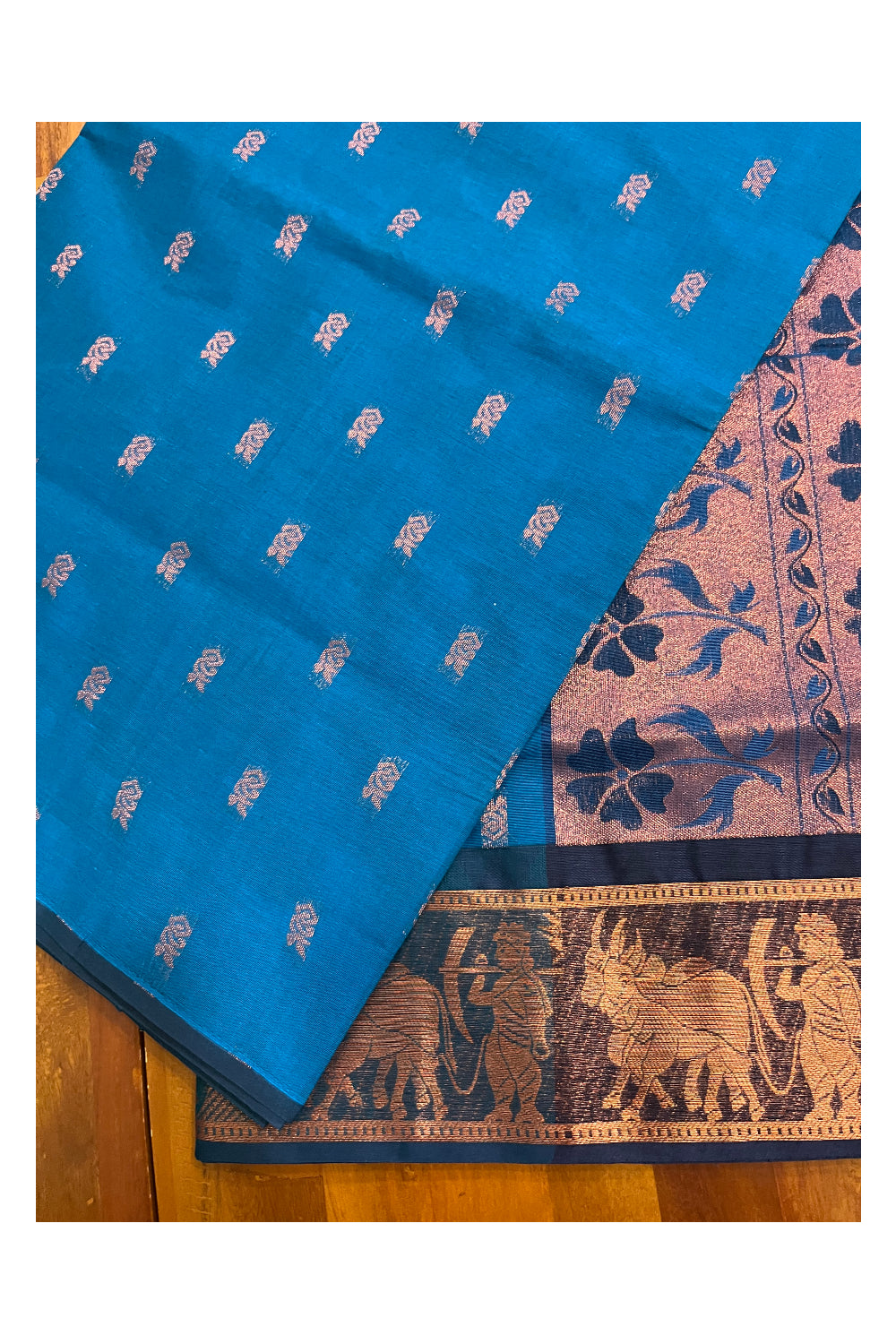 Southloom Cotto Greenish Blue Saree with Woven Butta Works on Body and Heavy Copper Work  on Pallu