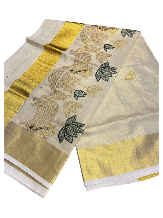Southloom Tissue Kerala Kasavu Saree with Black & Golden Embroidery Works