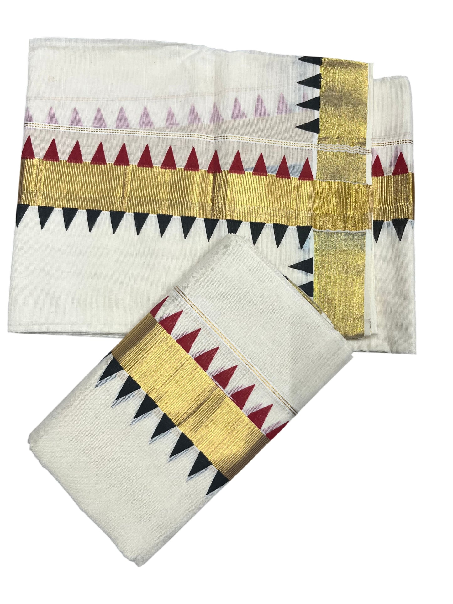 Southloom Kerala Cotton Kasavu Single Set Mundu (Mundum Neriyathum) with Black And Red Temple Design Border SLKK