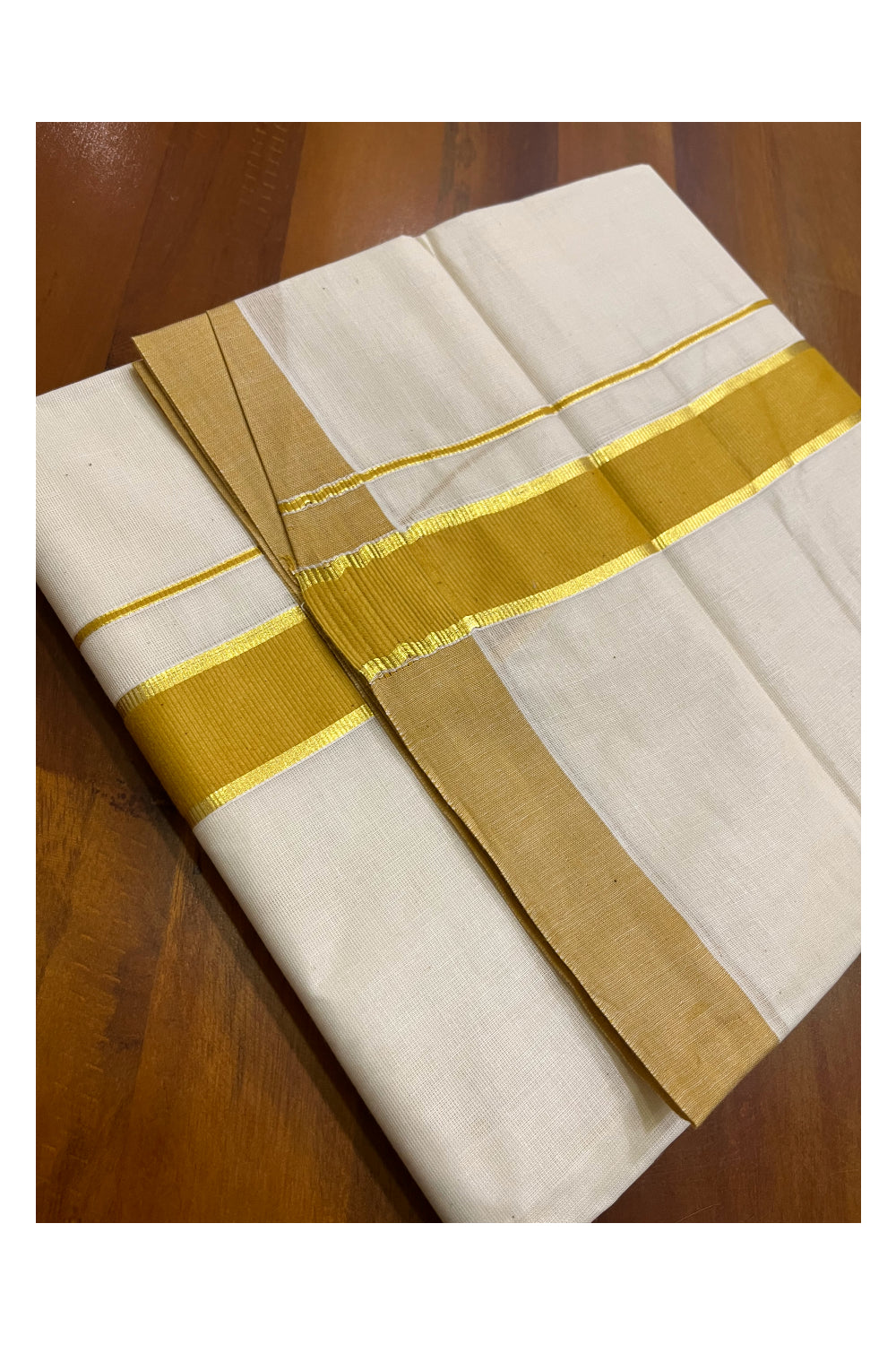 Kerala Pure Cotton Double Mundu with Yellow and Kasavu Border (South Indian Kerala Dhoti)