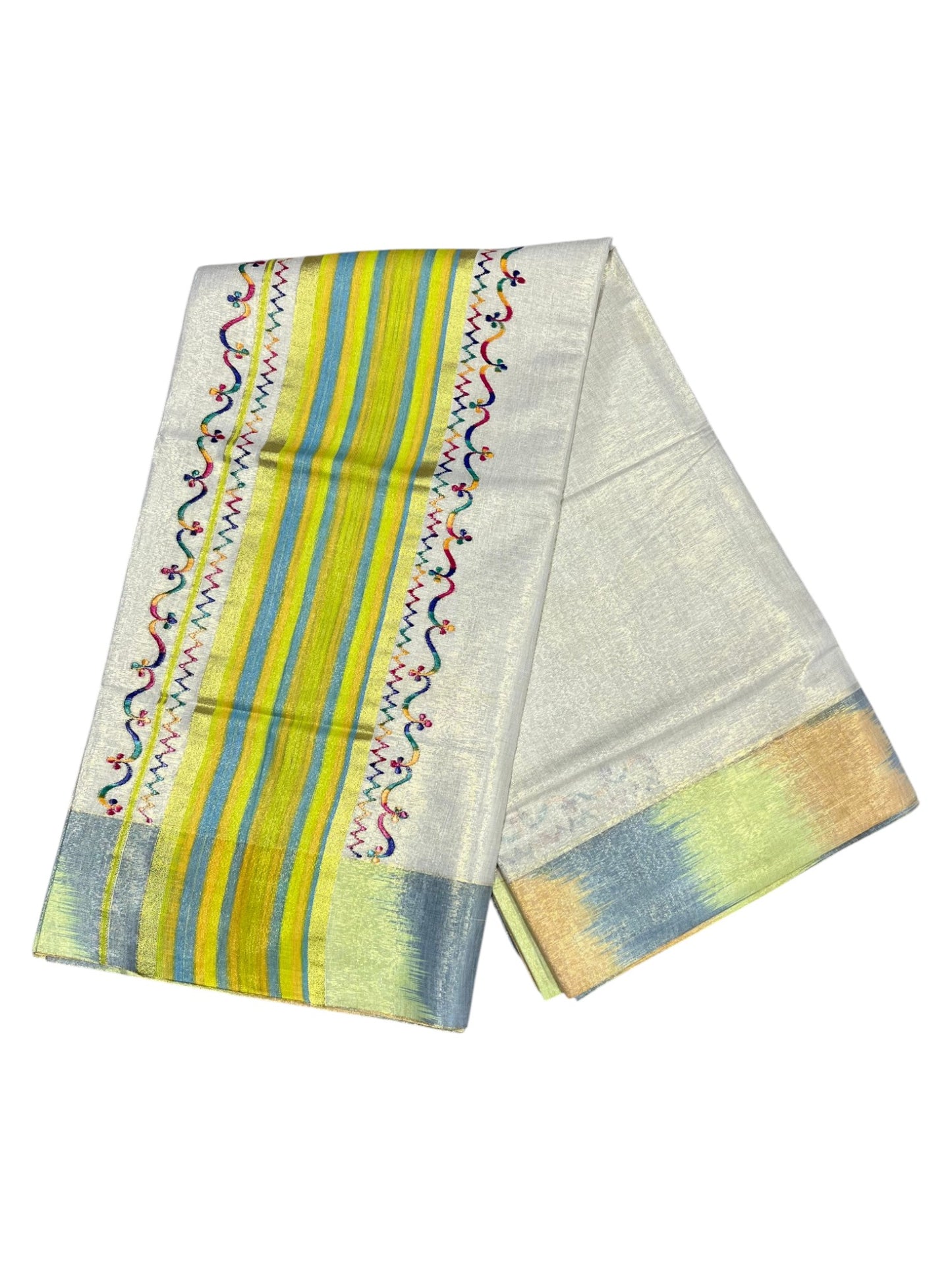 Southloom Kerala Tissue Kasavu Saree with Multi Colour Pochampally Design on Borders and Kara