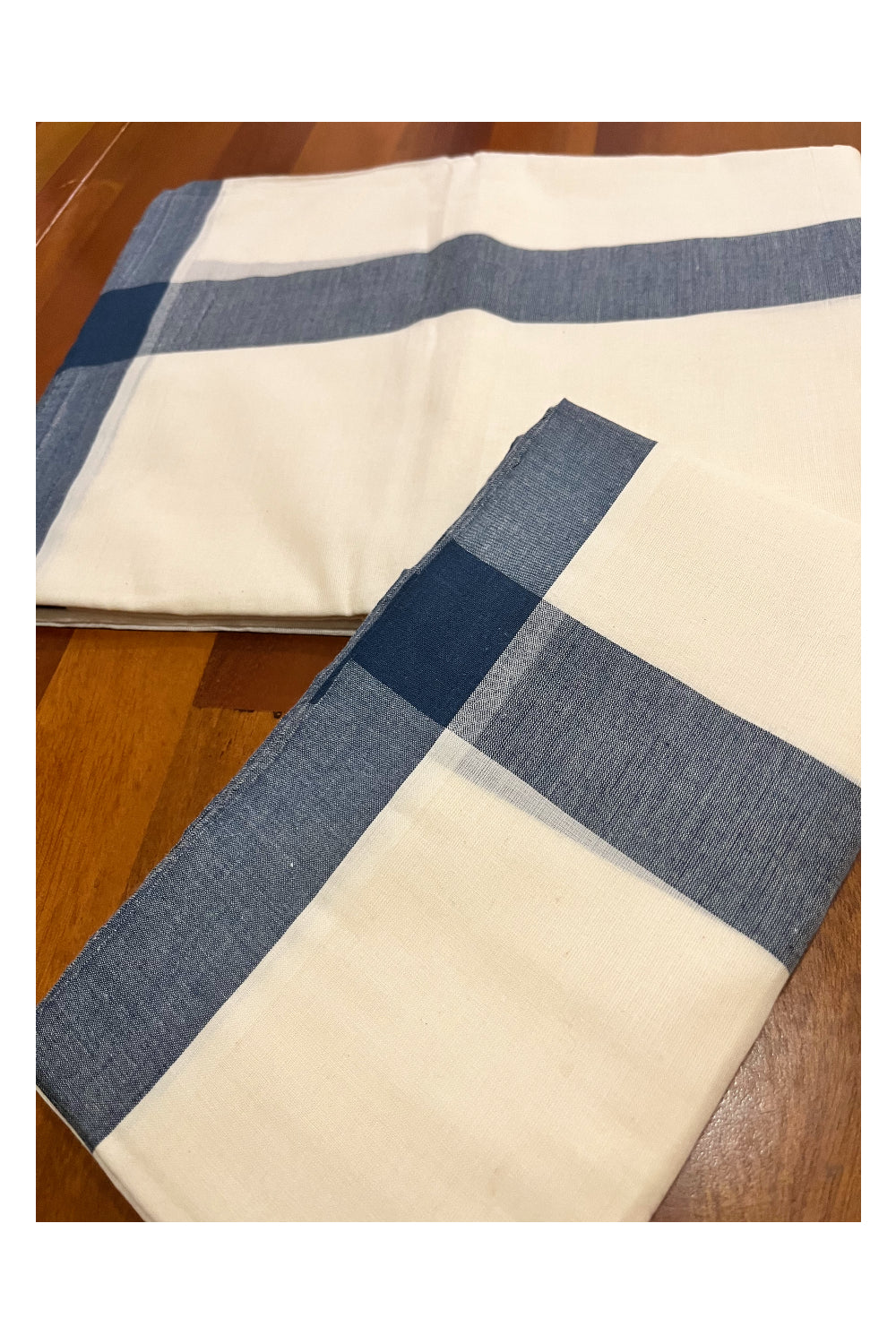 Kerala Mulloth Cotton Single Mundum Neriyathum with Bluish Grey Border 2.80 Mtrs (Extra Soft Cotton)