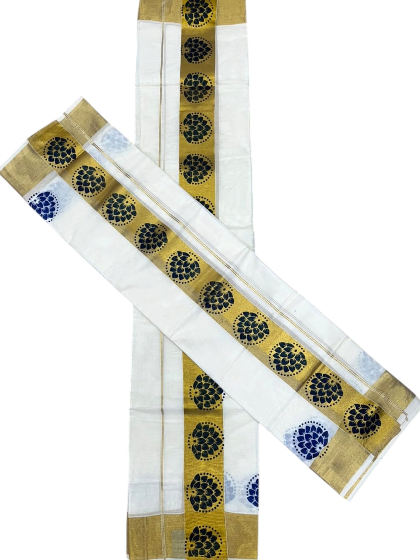 Southloom Pure Cotton Set Mundu with Gold Kasavu and Blue Floral Digital Print in 2.80 Mtrs SL383
