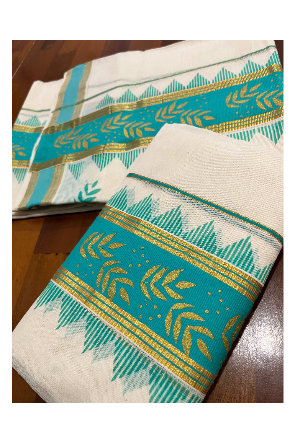 Kerala Pure Cotton Set Mundu Single (Mundum Neriyathum) with Floral Golden Block Prints on Turquoise Border