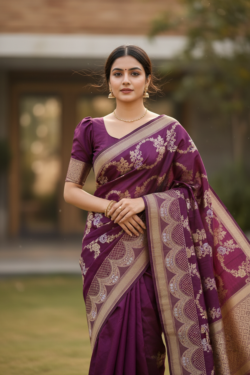 Southloom Pure Banarasi Silk Saree with Woven Work on Body and Borders (Purple)