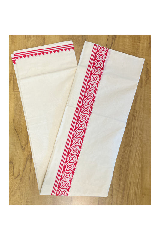Pure Cotton Off White Double Mundu with Block Prints on Pink Kara (South Indian Dhoti)