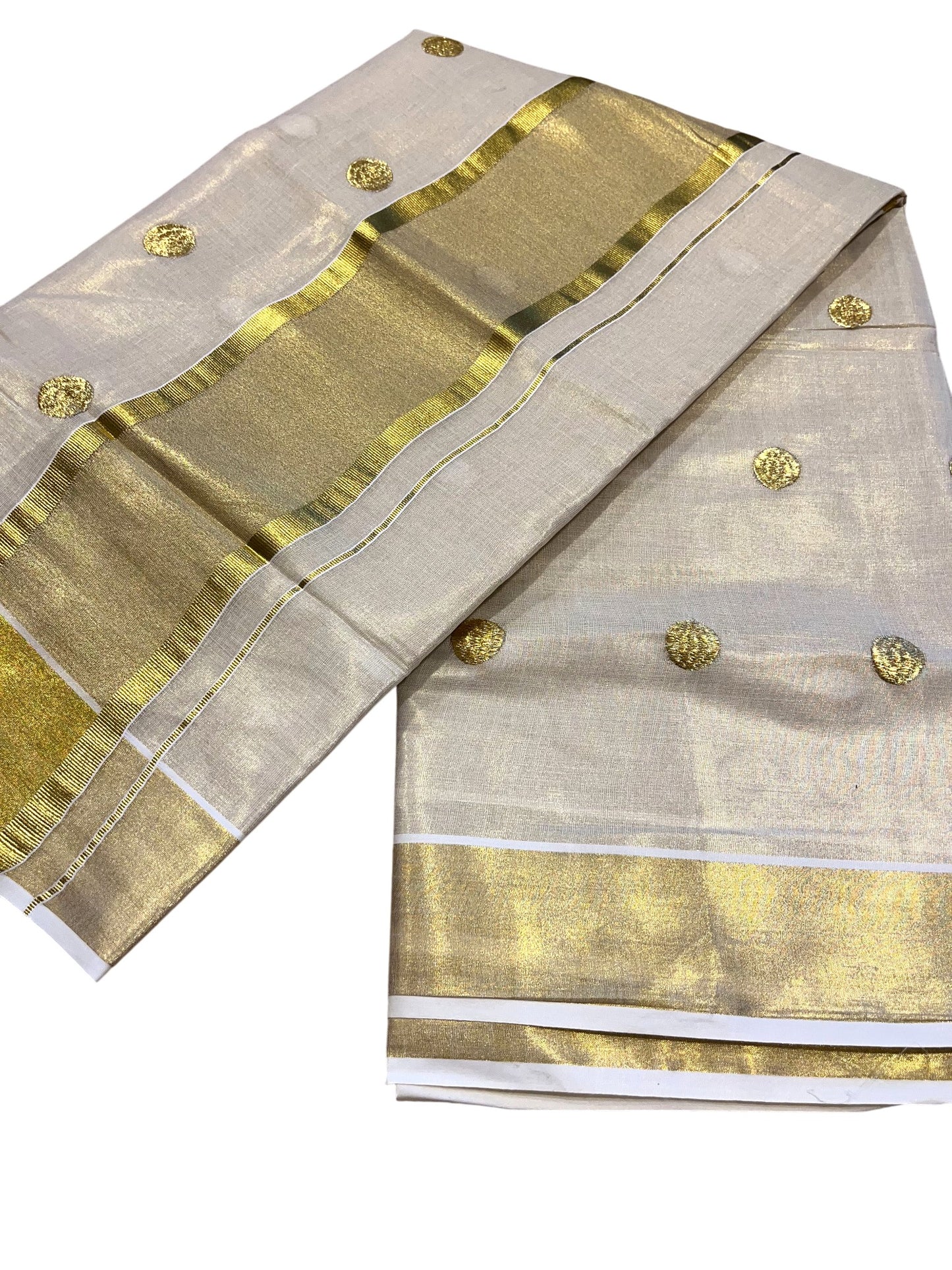 Southloom Kerala Tissue Kasavu Saree with Polka Embroidery Works Across Body