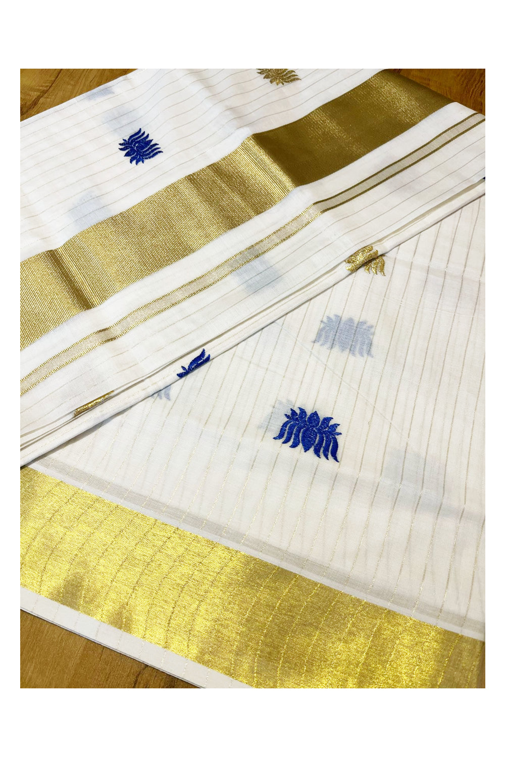 Southloom Kerala Cotton Kasavu Lines Saree with Blue Lotus Embroidery Works