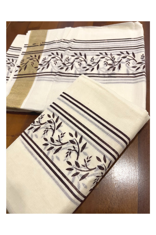 Cotton Kerala Single Set Mundu with Brown Floral Block Prints
