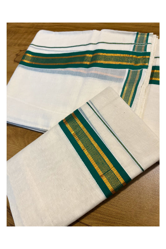 Kerala Cotton Set Mundu (Mundum Neriyathum) with Kasavu and Green Border